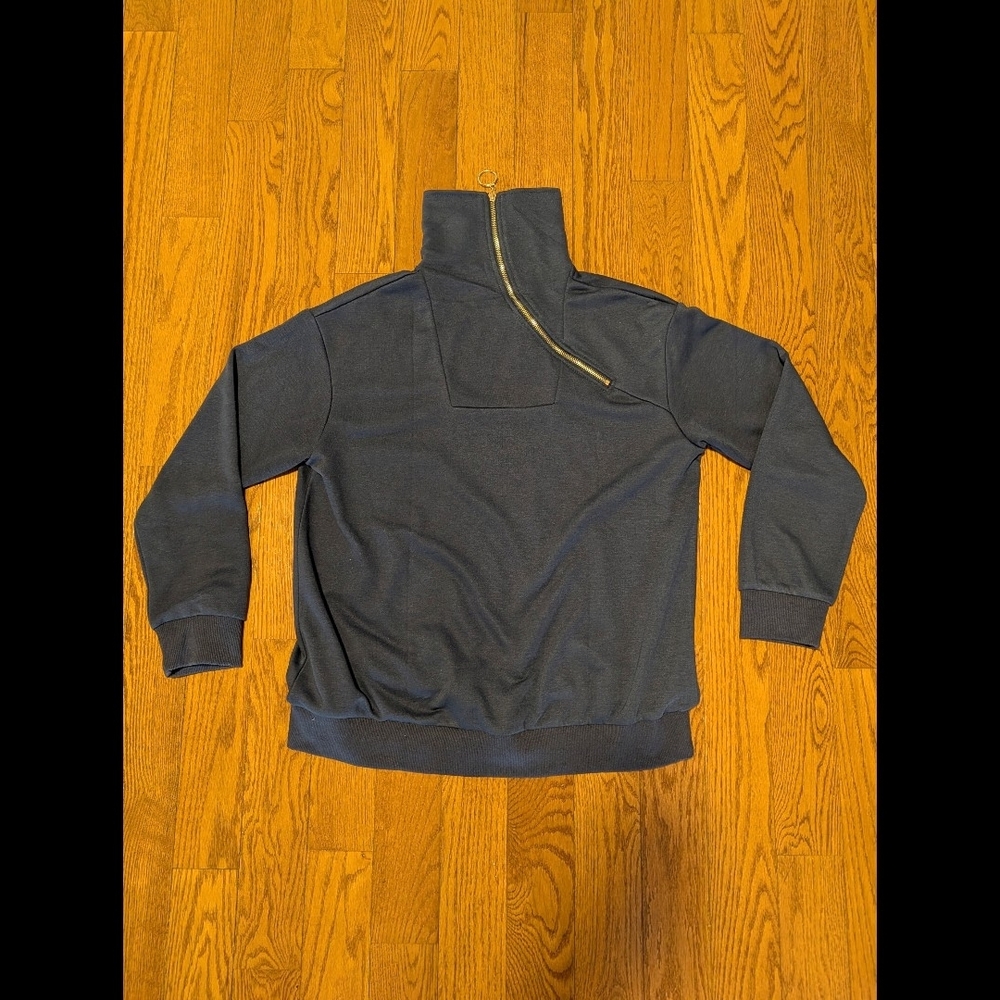 Navy Blue Women's Sweater With Gold Zipper